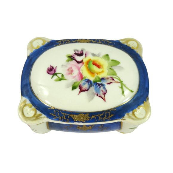 Vintage Made in Occupied Japan Porcelain Trinket Cigarette Box w 2 Ashtrays Blue - Picture 11 of 15
